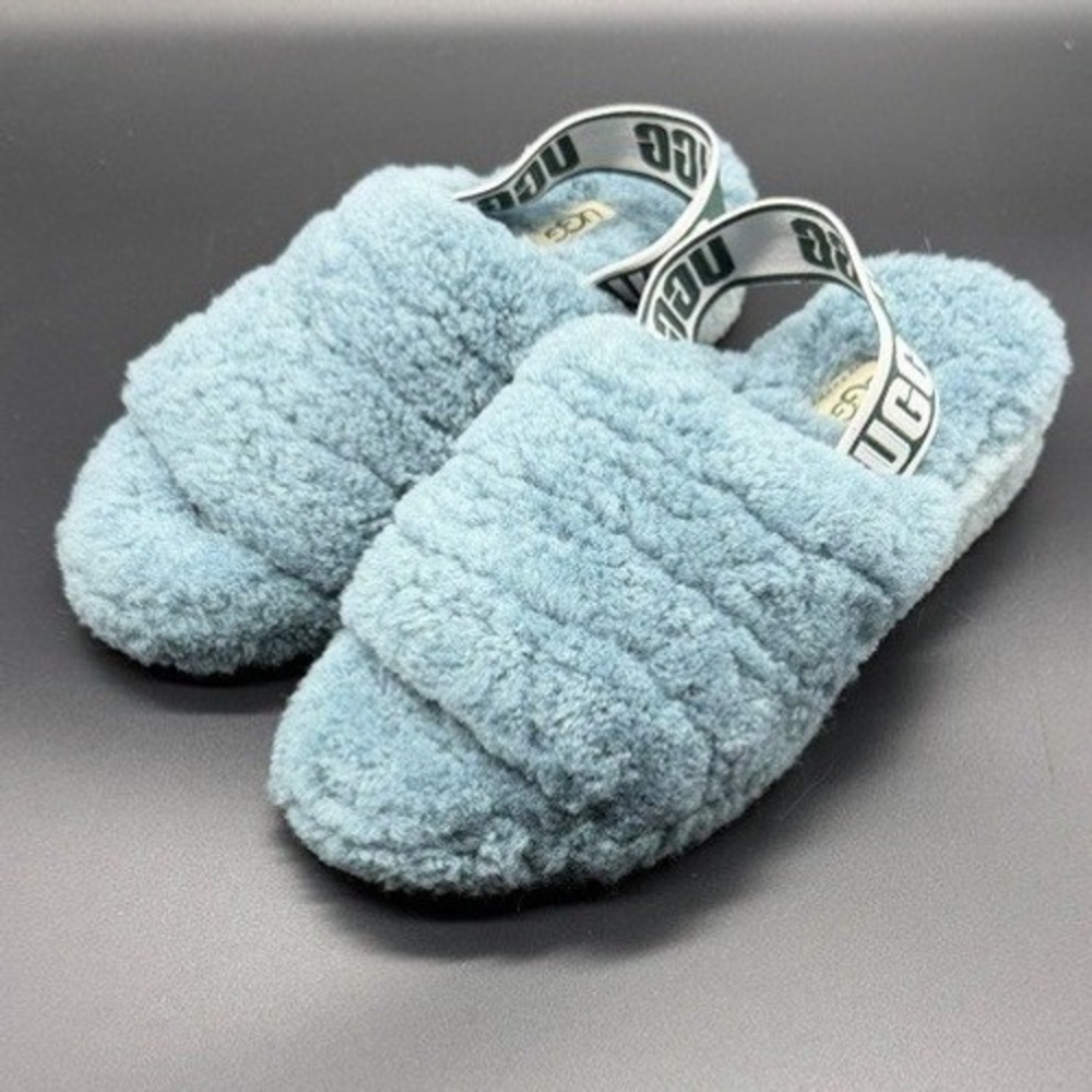 Women's UGG Fluff Yeah Blue Slide Suede Slipper Sandals Size 6